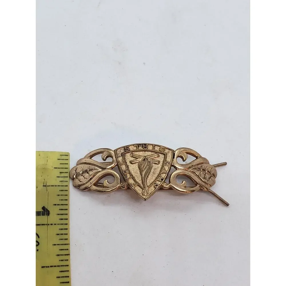 Vintage Camp Fire Girls Gold Tone Shield Bar Pin Badge Emblem Crest Collectible
